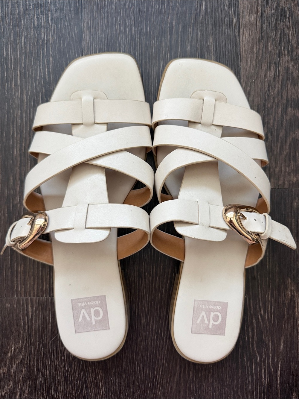 DV by Dolce Vita Cream Strappy Slide Sandals with Gold Buckles